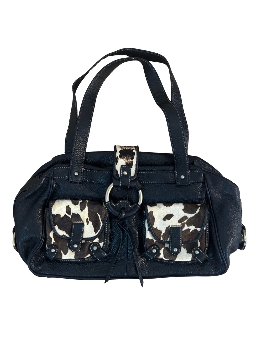 2000’s Jones New York Butter Leather Black Bag with Cowhide Patch Pockets